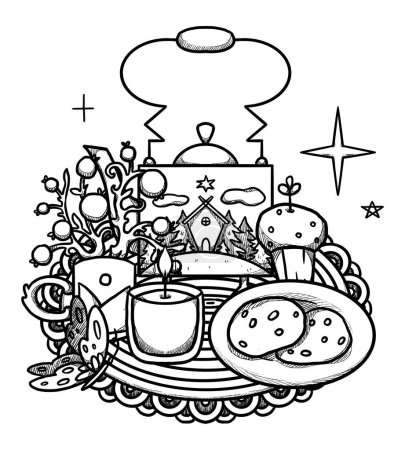 Photo for Fairy tea party illustration. Hand-drawn line art teapots and cups. Floral composition. Vintage element. Wiccan and pagan art. Decorative nature. Isolated - Royalty Free Image