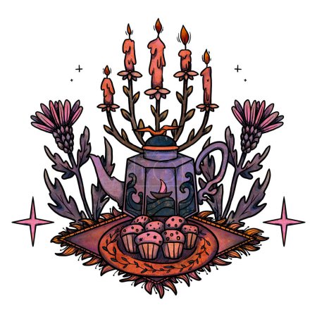 Photo for Fairy tea party illustration. Hand-drawn colored teapots and cups. Floral composition. Vintage element. Wiccan and pagan art. Decorative nature. Isolated on white - Royalty Free Image