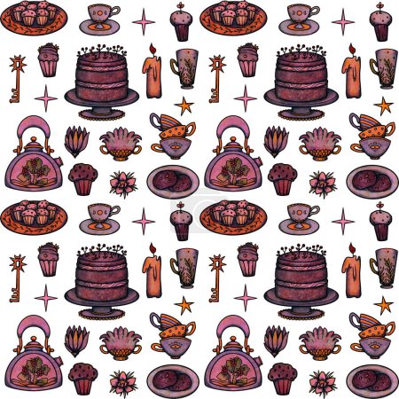 Photo for Fairy Tea Party seamless patterns. Hand-drawn colored cups and teapots. Boho and vintage dishes. Shamanic and pagan vibes. Isolated on white. - Royalty Free Image