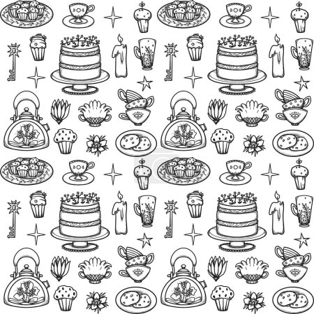 Photo for Fairy Tea Party seamless patterns. Hand-drawn line art cups and teapots. Boho and vintage dishes. Shamanic and pagan vibes. Isolated on white. - Royalty Free Image