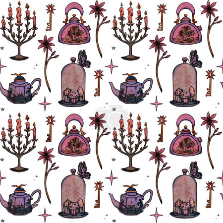 Photo for Fairy Tea Party seamless patterns. Hand-drawn colored cups and teapots. Boho and vintage dishes. Shamanic and pagan vibes. Isolated on white. - Royalty Free Image