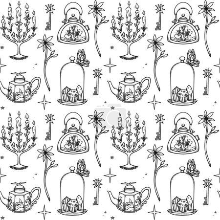 Photo for Fairy Tea Party seamless patterns. Hand-drawn line art cups and teapots. Boho and vintage dishes. Shamanic and pagan vibes. Isolated on white. - Royalty Free Image