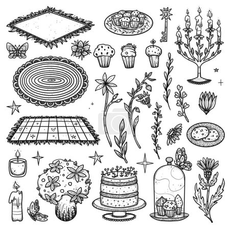 Photo for Set of decorative tea party illustrations. Boho and vintage collection. Line-art set. Isolated hand-drawn elements on white background. Goblincore - Royalty Free Image