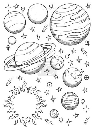Boho cosmic poster. Hand-drawn black and white celestial bodies. Astronomy composition. Vintage element. Wiccan and astrology art. Decorative science. Isolated on white