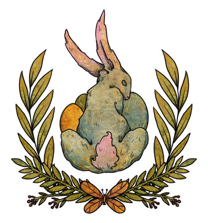 Foto de Composición de conejos de Pascua. Color y conejito dorado con huevos. Silueta decorativa. Colección Boho y vintage. Diseño natural decorativo. Aislado sobre blanco - Imagen libre de derechos