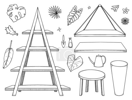 Set of decorative home decor illustrations. Boho and vintage collection. Line art set. Hand-drawn plants. Isolated elements on white background. Goblincore and green witch vibes