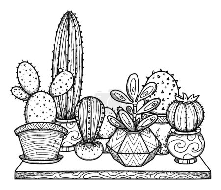 Téléchargez les photos : Boho maison plantes illustration. Cactus dessinés à la main et succulents. L'art linéaire. Composition florale. Elément vintage. Art wiccan et païen. Nature décorative. Isolé sur blanc - en image libre de droit