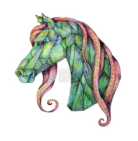 Encre dessinée à la main et crayons de couleur illustration de cheval. Animal féerique, créature magique. Illustration pour enfants. Cheval de cristal