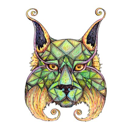 Encre dessinée à la main et crayons de couleur illustration de lynx. Animal féerique, créature magique. Illustration pour enfants. Lynx cristallin