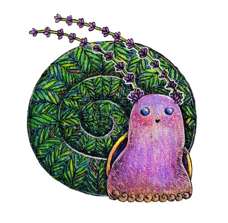 Hand drawn ink and colored pencils illustration of snail. Fairy animal, magical creature. Kids illustration