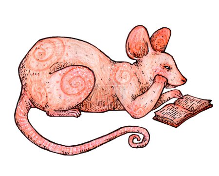 Cute illustration of a mouse reading a book. Kids character design. Book illustration, print for children. Craft paper, ink, and colored pencils. Symbol of Chinese New Year