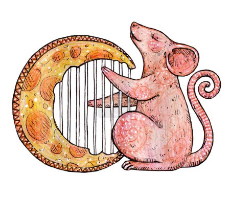 Photo for Cute illustration of a mouse playing a cheese harp. Kids character design. Book illustration, print for children. Craft paper, ink, and colored pencils. Symbol of Chinese New Year - Royalty Free Image