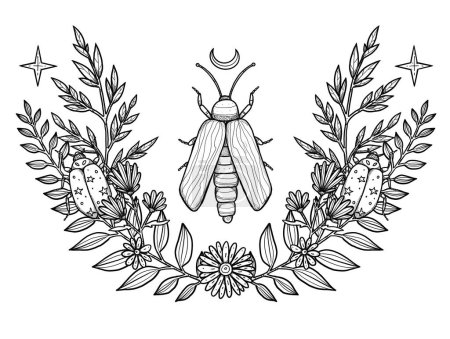 Photo for Boho line-art insect illustration. Hand-drawn firefly and ladybug. Floral composition. Vintage element. Wiccan and pagan art. Decorative nature. Isolated on white - Royalty Free Image