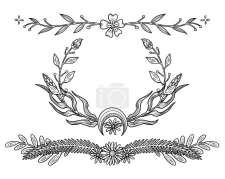 Photo for Boho flower compositions. Hand-drawn black and white set. Floral illustrations. Vintage element. Wiccan and pagan art. Decorative nature. Isolated on white - Royalty Free Image