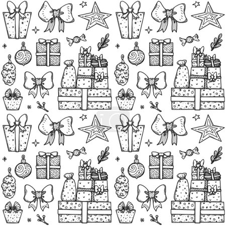 Photo for Hand-drawn decorative line art Christmas pattern.  Gifts and decor. Cute vintage elements. Seamless on white background. - Royalty Free Image