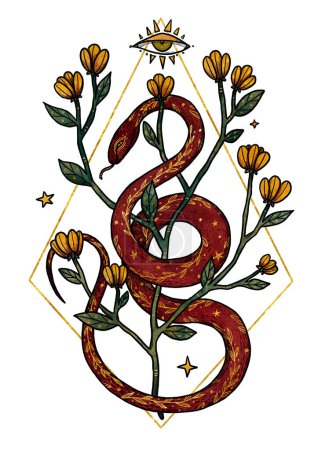 Hand-drawn boho snake illustration. Color and gold. Floral composition. Vintage element. Wiccan and pagan art. Decorative nature. Isolated on white