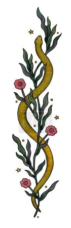 Hand-drawn boho snake illustration. Colored art. Floral composition. Vintage element. Wiccan and pagan art. Decorative nature. Isolated on white