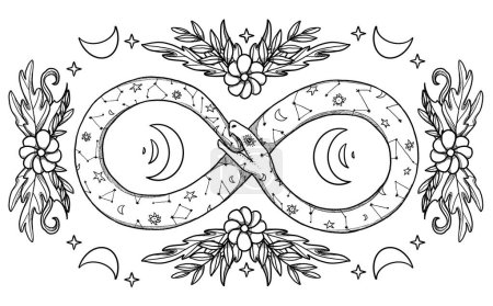 Hand-drawn boho snake illustration. Decorative illustration. Black and white. Floral composition. Vintage element. Wiccan and pagan art. Decorative nature. Isolated on white