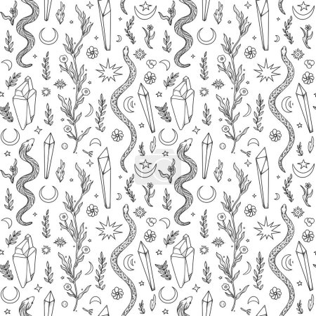 Hand-drawn seamless mystery pattern. Black and white. Line-art. Witchcraft aesthetic. Snakes, flowers, and crystals. Vintage element. Wiccan and pagan art. Decorative nature. Isolated on white