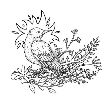 Photo for Boho birds illustration. Hand-drawn rook. Line-art. Floral composition. Vintage element. Wiccan and pagan art. Decorative nature. Isolated on white - Royalty Free Image