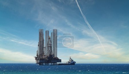 Téléchargez les photos : Plateforme pétrolière et navire ravitailleur - en image libre de droit