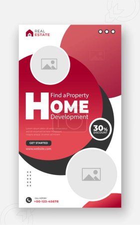 Photo for Real estate company social media cover or story post, modern house property sale banner with photo space in red black color shape on white background - Royalty Free Image