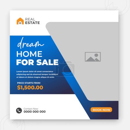 Photo for Modern creative real estate company social media cover design for sale, Corporate and luxury dream home business ad banner template, blue and yellow color shapes - Royalty Free Image