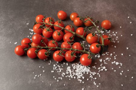 Téléchargez les photos : Nature morte de tomates cerises sur fond gris. Tomates sur fond gris avec du sel saupoudré - en image libre de droit