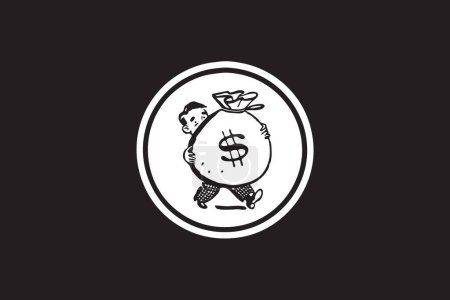 Illustration for Man With Huge Money Bag -  Illustration Infographic Essentials - Minimalistic Design With Iconic White Circle - Black Background Art Illustration - Royalty Free Image
