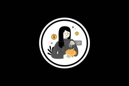 Illustration for Young Female Or Woman Saving Money In Piggy Bank - Minimalist Design With Iconic White Circle -  Info graphic Essentials -Black Background Art Illustration - Royalty Free Image