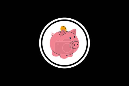 Illustration for Coin Into Piggy Bank - Minimalistic Design With Iconic White Circle -  Infographic Essentials -Black Background Art Illustration - Royalty Free Image