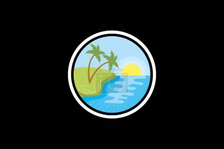 Illustration for Tropical Serenity Two Coconut Trees By The Riverbank Bathed In Sunshine - Infographic Essentials - Minimalistic Design With Iconic White Circle - Black Background Art - Royalty Free Image
