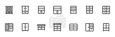 Illustration for Drawer, cabinet, almirah, cupboard, chest of drawers, furniture icon vector set design with Editable Stroke. Line, Solid, Flat Line, thin style and Suitable for Web Page, Mobile App, UI, UX design. - Royalty Free Image