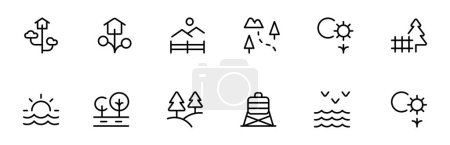 Illustration for Outdoor icon. park, weather, sea, river, sunset, sunrise, sun, flat vector and illustration, graphic, editable stroke. Suitable for website design, logo, app, template, and ui ux. - Royalty Free Image