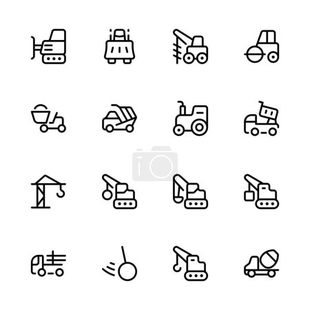Illustration for Heavy Machinery icon set. Set of special equipment, crawler excavator, trucks, vehicles, trailers, road construction machines, municipal machinery, tower crane, boom lift vector icons - Royalty Free Image