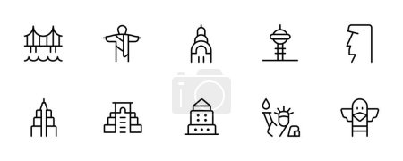 Illustration for Icon set representing global tourist american landmarks and travel destinations for vacations - Royalty Free Image