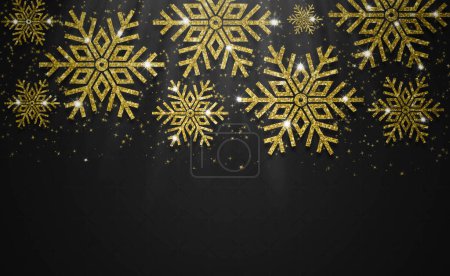 Foto de Feliz Navidad y feliz año nuevo. Brillo dorado copo de nieve fondo negro. - Imagen libre de derechos