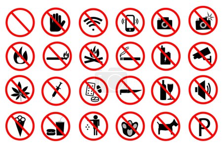 Illustration for Prohibition signs. A large set of prohibitory signs warning about the prohibition of various actions. Icons isolated on white background. Vector illustration. - Royalty Free Image