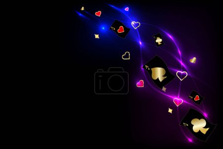 Ilustración de Fondo abstracto oscuro y luz de neón con símbolos de tarjeta dorada.Efecto de luz, fondo borroso. Luces y rayos de neón, reflejos de neón. - Imagen libre de derechos