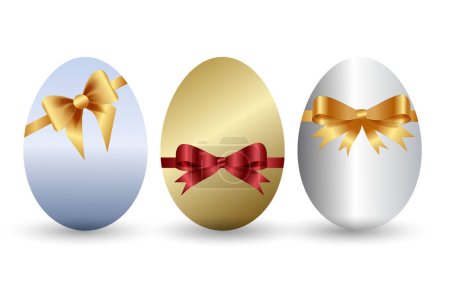 Illustration for A set of gold and silver Easter eggs with bright bows. Festive Easter concept. Vector illustration. - Royalty Free Image