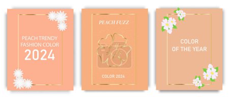 Illustration for A set of minimal posters in a trendy peach color palette with gold decoration. Fashionable color of 2024.Golden frame with flowers. Peach is a new trend, color of the year. Vector illustration - Royalty Free Image