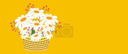 Ein Strauß frischer Kamille in einem Weidenkorb vor leuchtend gelbem Frühlingshintergrund. Frühling Sommer Blume Post Design.