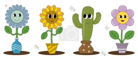 Bright flowers in pots and vases in a 70s hippie cartoon style. Funny flowers in a groovy style with smiles and emotions. Vector illustration in trendy retro psychedelic style.