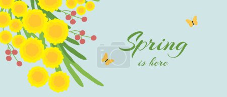 Ilustración de Ramo de hermosas flores de mimosa primaveral sobre un fondo pastel. Postal para el Día Internacional de la Mujer. Disposición plana. Concepto primavera. - Imagen libre de derechos