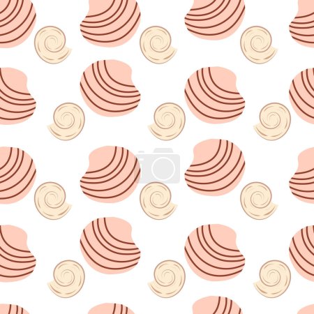 Seamless pattern of pearl colored shells. Trendy cartoon seashell pattern for wrapping paper, wallpaper, stickers, laptop cases, children's books.