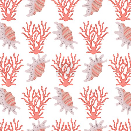 Nahtloses Muster von Muscheln und Korallen. Trendiges Cartoon-Muschelmuster für Packpapier, Tapeten, Aufkleber, Laptoptaschen, Kinderbücher.