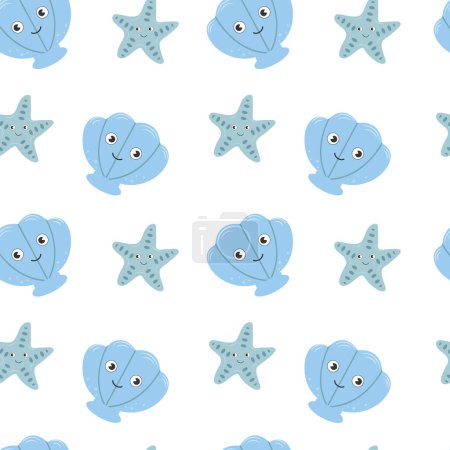 Patrón de estrellas de mar sin costuras. Dibujos animados de moda patrón de concha marina con estrellas de mar para papel de envolver, papel pintado, pegatinas, cubierta del bloc de notas.