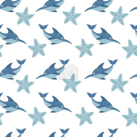 Nahtloser Hintergrund mit Delfinen. Trendy Delphinmuster für Packpapier, Tapeten, Aufkleber, Notizbucheinband und andere Designs.