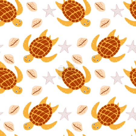 Sea turtle seamless pattern. Trendy turtle pattern with sea shells for wrapping paper, wallpaper, stickers, notebook cover.