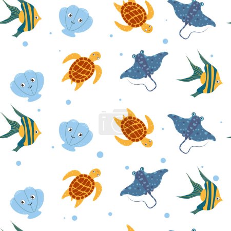 Meereslebewesen Muster. Trendy Cartoon Sea Life Elemente Muster für Packpapier, Tapeten, Aufkleber, Notizbuch-Einband.